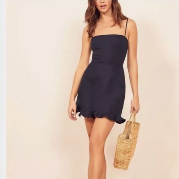 Reformation Kiernan Mini Ruffle Linen Navy Dress 8 - Picture 6 of 10